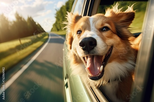 Happy dog's face in the car window while driving on the highway. Traveling with a pet. © BetterPhoto