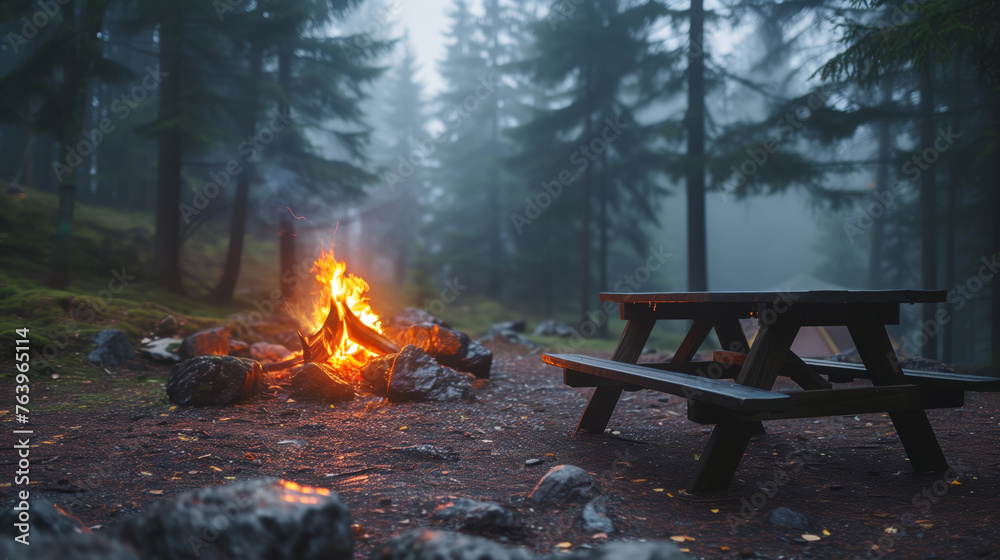 Campfire in the forest foggy campground Campfire in the forest foggy campground