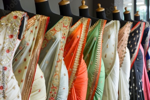 row of mannequins showcasing different saree styles in shop © Alfazet Chronicles
