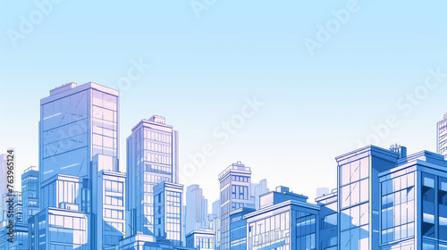 A city skyline with a blue sky background