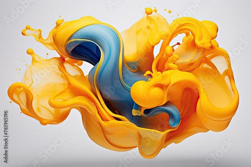 Yellow and blue ink splash on a white background. the movement of golden and blue watercolors. Abstract background