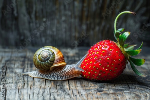 side view of a snail on a strawberry on a rustic wooden surface