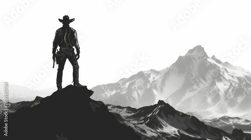 A man in a cowboy hat stands on a mountain top