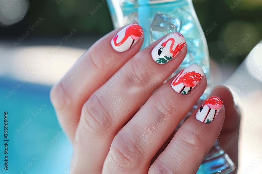 hand with flamingo nail art clutching a poolside drink