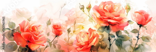 Exquisite watercolor background adorned with vibrant roses in full bloom, perfect for romantic .Generative AI