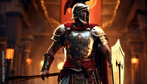 Spartan man in gladiator helmet and red long cloak standing with iron shield and spear in hands. Strong roman warrior in battle dress. 1 one, alone greek legionary warrior ready to fight.