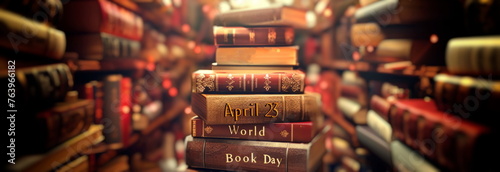 books stacked to form the shape of a staircase, with the inscription "April 23 World Book Day" ascending along the steps, symbolizing the journey of learning and discovery. Generative AI