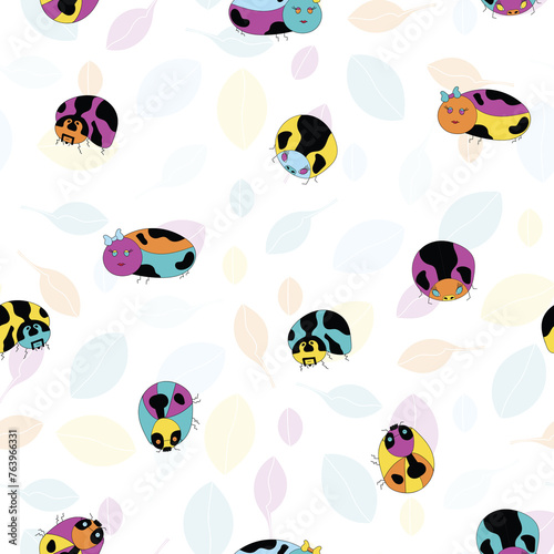 Vector colourful lil’ ladybugs with equally as colourful personalities on transparent leafy background