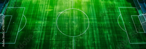 Dynamic aerial view of a lush green soccer field in a stadium, ready for an exciting match. Generative AI