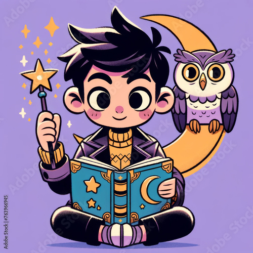 illustration of a cartoon boy, reading a magic book, holding a crescent moon-shaped wand, with a curious owl looking over his shoulder