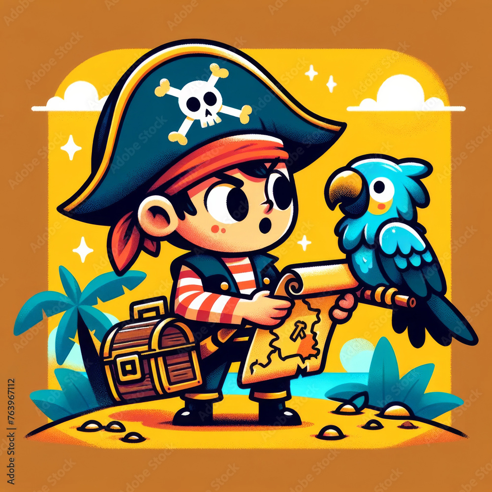 illustration of a cartoon boy dressed as a pirate, searching for treasure, wearing a striped shirt, with a blue parrot 
