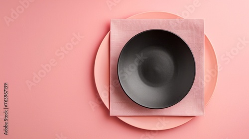 Top-View Minimalist Matte Black Plate on Soft Pink Square Coaster