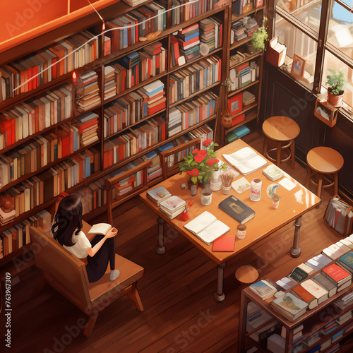 Interior design of a library with wooden shelves or bookstore