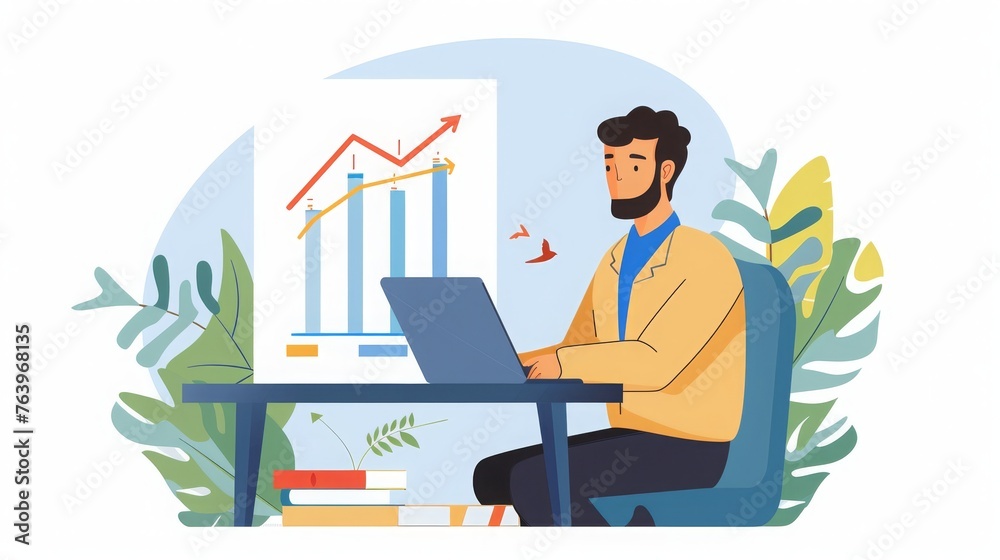 Man sitting with laptop and working with growing graph, icon style, copy and text space, 16:9 Man sitting with laptop and working with growing graph, icon style, copy and text space, 16:9