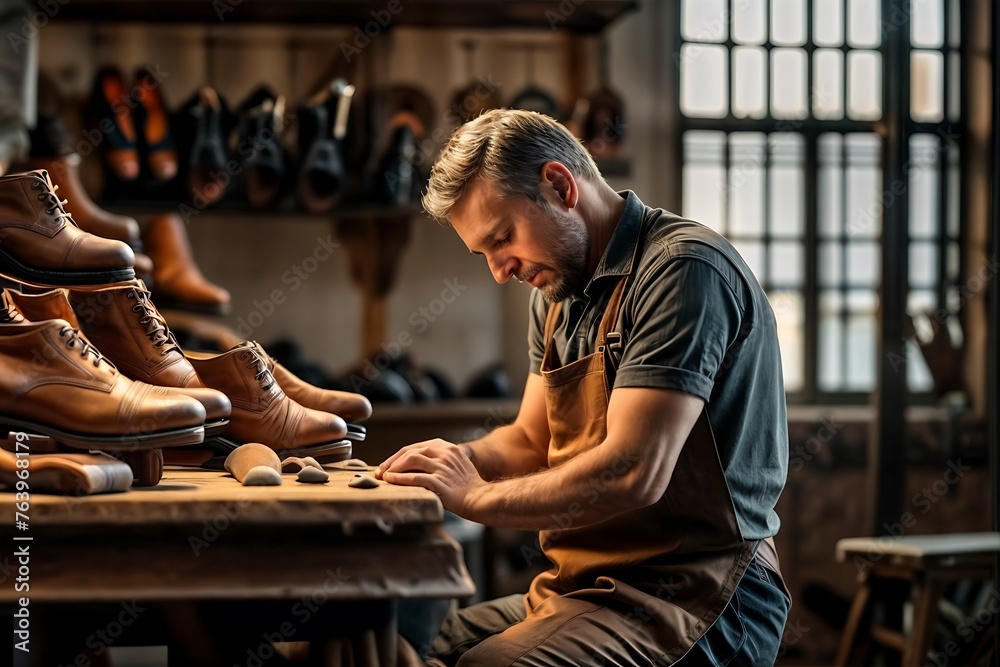 male craftsman shoemaker working on his carving with his hands surrounded by leather and shoes male craftsman shoemaker working on his carving with his hands surrounded by leather and shoes