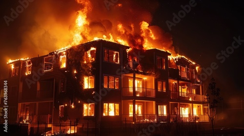 Apartment fire. A huge fire that makes masses of salads run to the ground. Generative AI © Dvid
