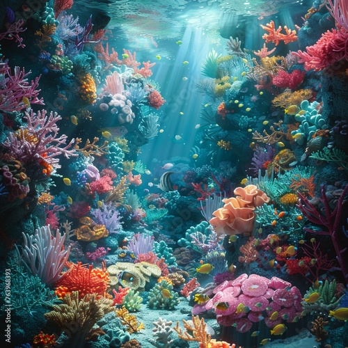 watercolor aquarium scene where colorful coral reefs create an enchanting underwater world
