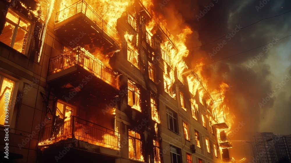 Naklejka premium Apartment fire. A huge fire that makes masses of salads run to the ground. Generative AI