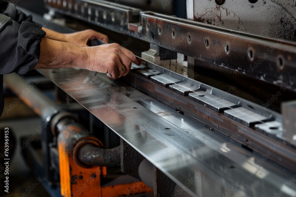 hands placing a metal sheet in a press brake - obrazy, fototapety, plakaty 