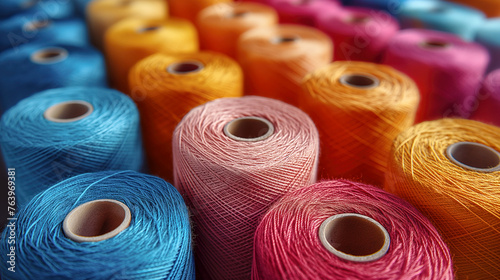 Rolling colorful thread, weaving, Sewing industry, fabric production, textile industry business, Spool background banner cover