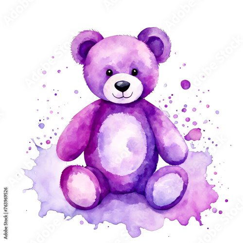 A Purple pink teddy bear, watercolor illustration of cute teddy bear, stuff toy, play toy, nursery kids clipart, adorable kid day, lovely, gift, vector illustration clipart, cutout on white background