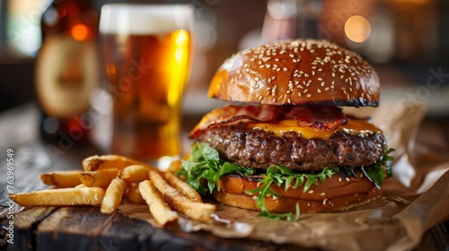 Gourmet bacon cheeseburger with fries and beer in a cozy pub setting