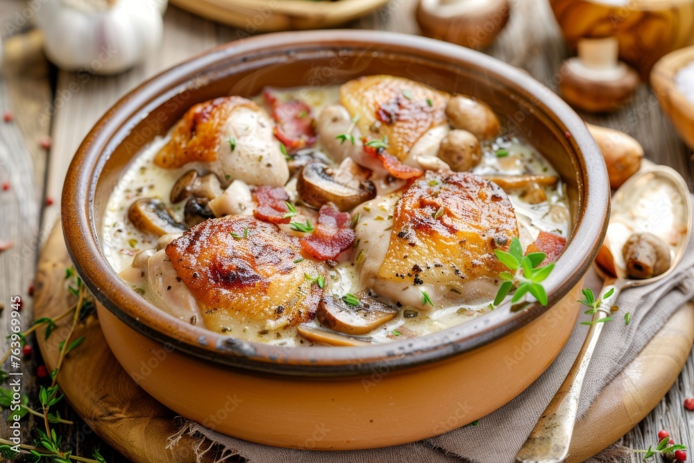 Hot chicken fricassee in a light plate on a wooden table - chicken meat browned and stewed in white wine cream sauce with mushrooms and microgreens. Hot chicken fricassee in a light plate on a wooden table - chicken meat browned and stewed in white wine cream sauce with mushrooms and microgreens.