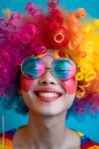 A joyful portrait of an Asian man and woman wearing a vibrant rainbow wig and oversized glasses in celebration of April Fool's Day like a clown.