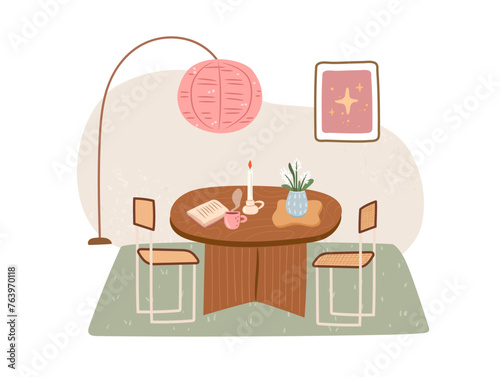Cozy dining table. Mid century modern interior design concept.