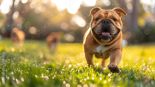 A cheerful English Bulldog trotting through the grass, the sun's rays highlighting its wrinkled, expressive face.