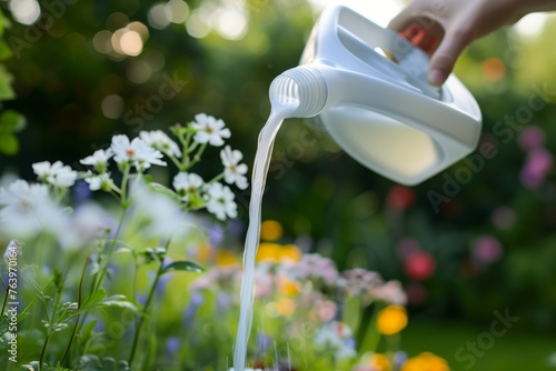 person pouring detergent, with a blurred backdrop of garden flowers © Alfazet Chronicles
