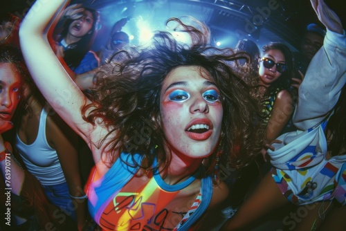 Selfie photo from the night party or pop concert. A girl with bright makeup in a colored shirt among a group of people. Fisheye effect. Dark background with bright spotlights