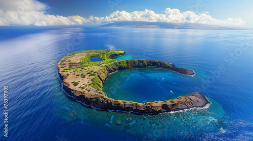 Top view crescent shape island in the sea.  photo