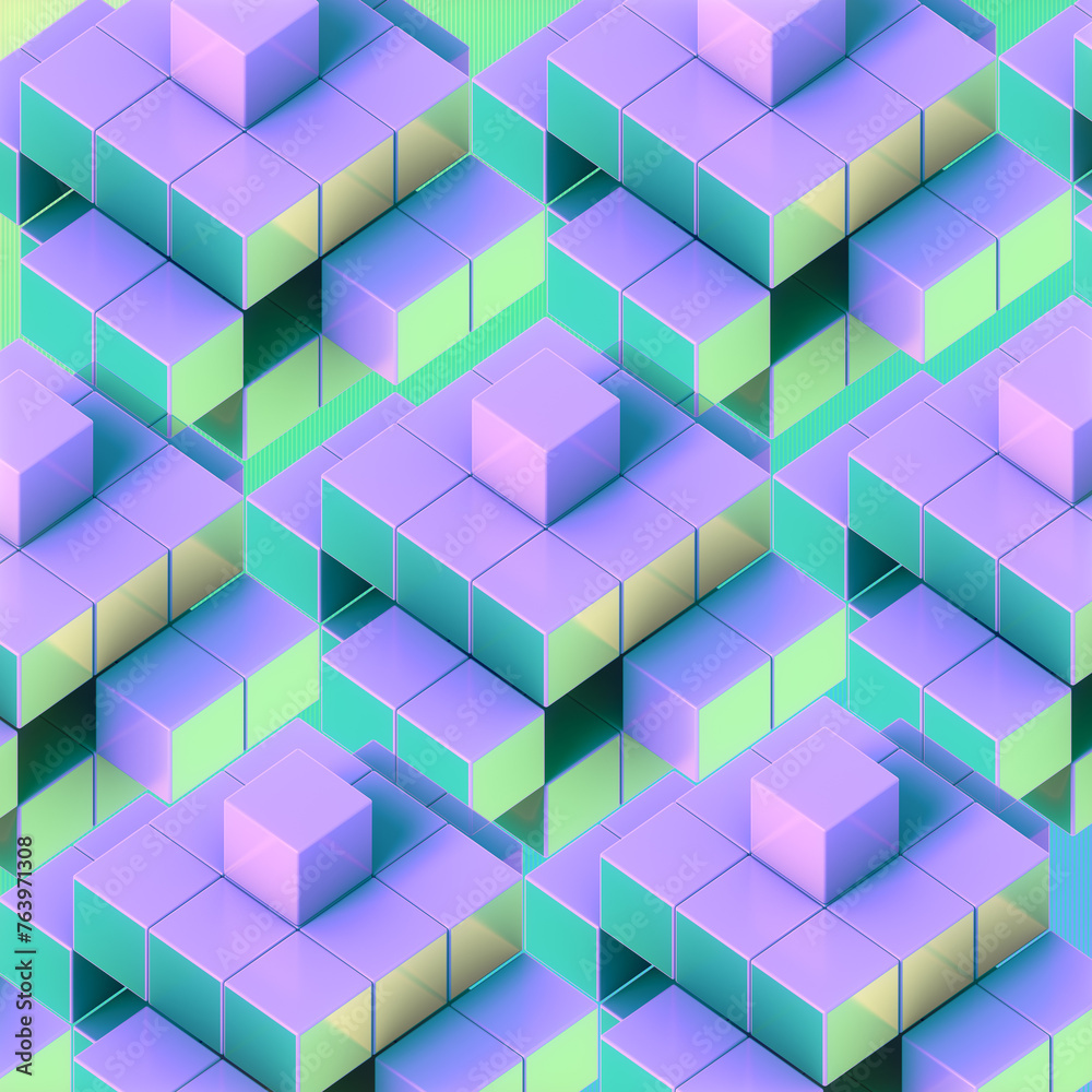Obraz premium Trendy and stylish abstract geometric background with purple and blue squares. 3d rendering digital illustration