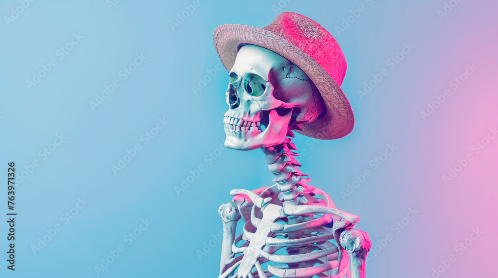 A human skeleton with a hat on acolor background. Copy space.