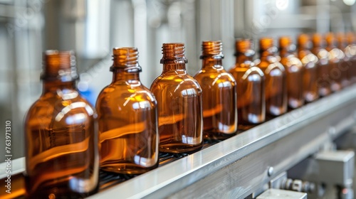 Automated pharmaceutical production line with glass bottles on conveyor in manufacturing facility