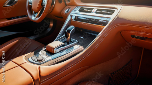 Brown leather car interior with automatic gear stick © graja
