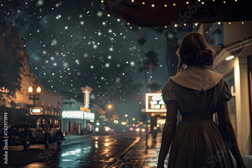 Vintage Hollywood, stars on the walk of fame under a literal starry night, dreamy glamour