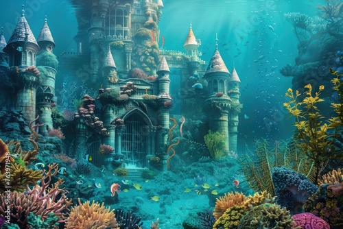 A hidden underwater kingdom with mermaid-like seahorses swimming around coral castles