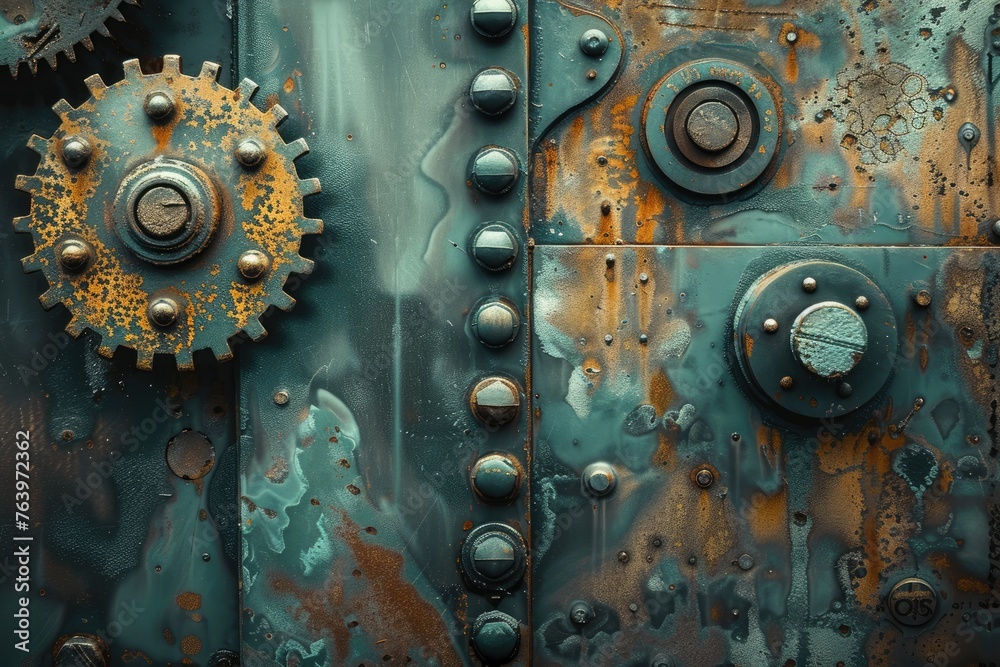 An industrial background with metal textures and mechanical gears