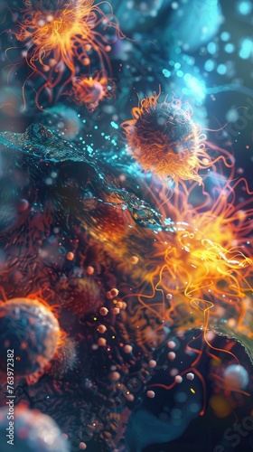 An abstract visualization of a cells immune response with vibrant explosions representing the defense mechanism