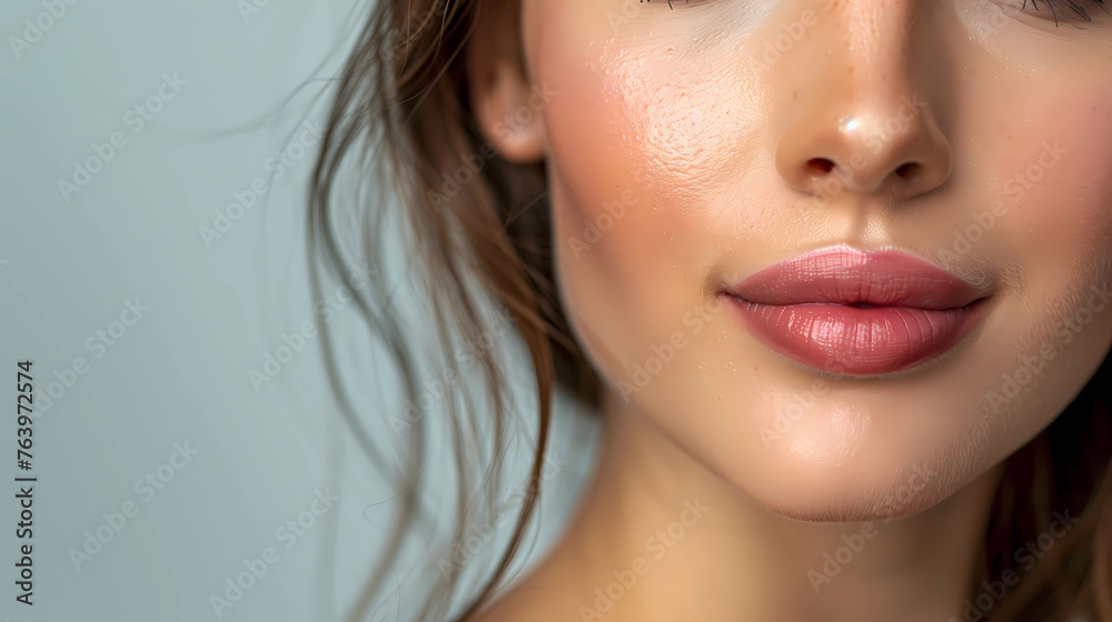 Perfect natural lip makeup. Close up macro photo with beautiful female plump full lips. Close-up face detail. Perfect clean skin, light fresh lip make-up. Perfection, wellness, wellbeing concept - obrazy, fototapety, plakaty 