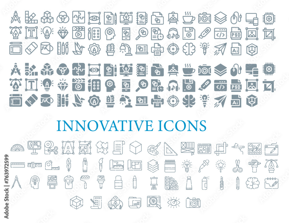 Innovative Icons, Vector creativity icons. Editable Stroke. Idea generation, concentration, problem solving, motivation, reward, vision, originality, innovation.