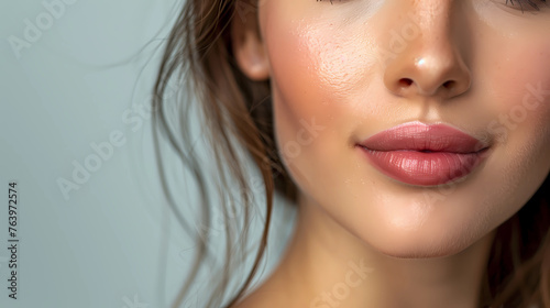 Perfect natural lip makeup. Close up macro photo with beautiful female plump full lips. Close-up face detail. Perfect clean skin, light fresh lip make-up. Perfection, wellness, wellbeing concept