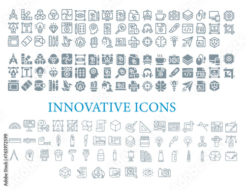 Innovative Icons, Vector creativity icons. Editable Stroke. Idea generation, concentration, problem solving, motivation, reward, vision, originality, innovation. © Mahendra Mk