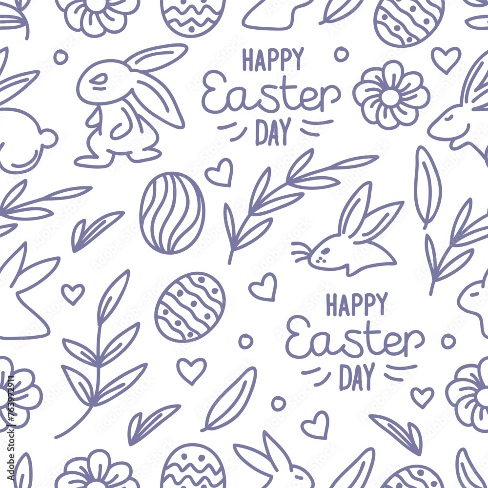 Seamless hand-drawn pattern of rabbits, bunnies, eggs, hearts, flowers, and leaves on a white background. Vector illustrations.