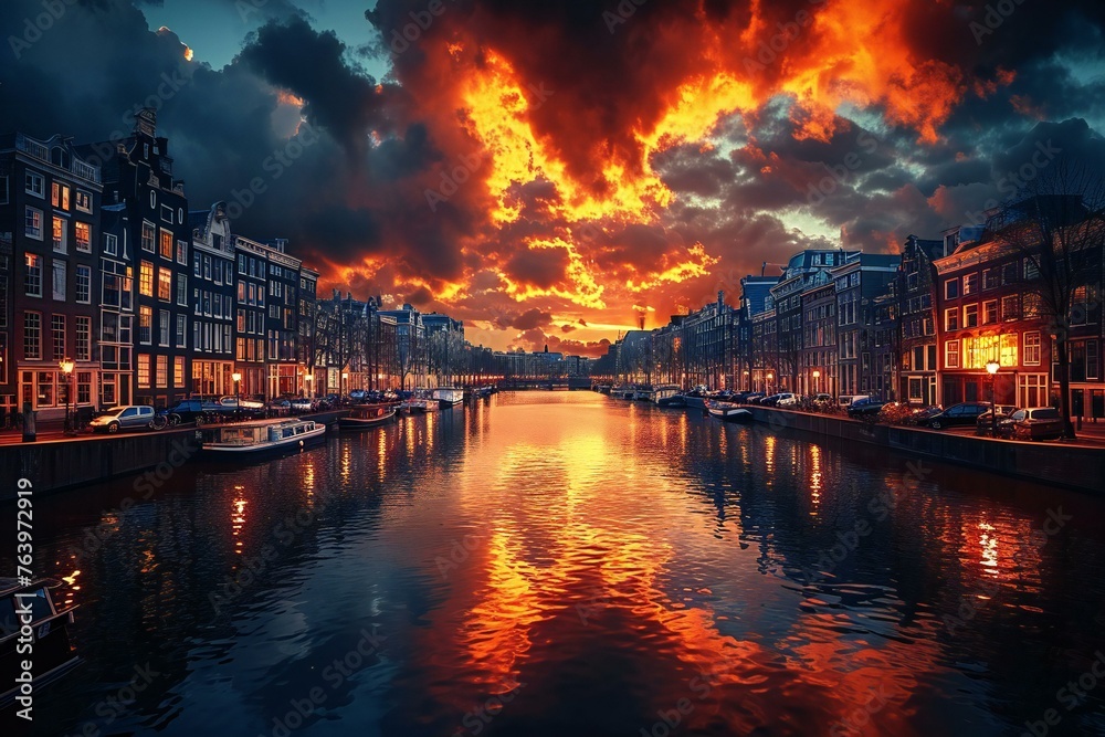 Amsterdam canal at sunset,  Holland, Netherlands,  Travel background - obrazy, fototapety, plakaty 