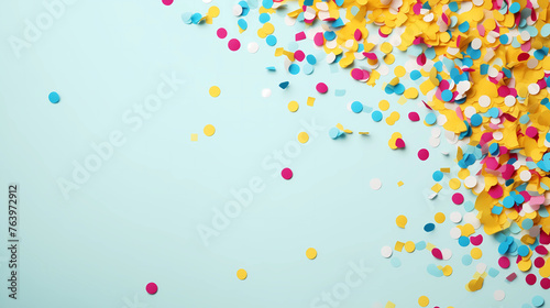 Colorful circle confetti background. Party decoration. Blue pastel colorful background with confetti of various colorsircle confetti flying abstract pattern. Copy space