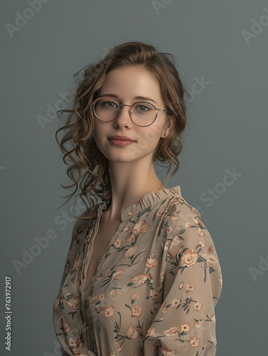 A young woman wearing glasses and a floral blouse smiles gently in a well-lit studio setting