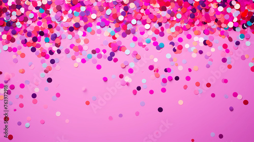 Top view copy space pink magenta background with confetti of various colors.  Party decoration. Frame of colored confetti. Copy space